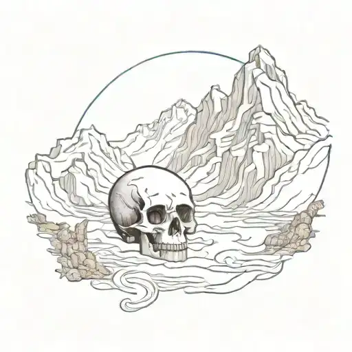 mountain range with a winding river flowing with tibetan  skull  tattoo design idea