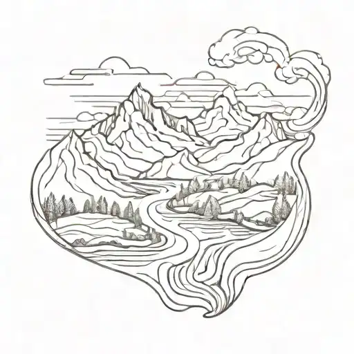 mountain range with a winding river flowing blood  tattoo design idea