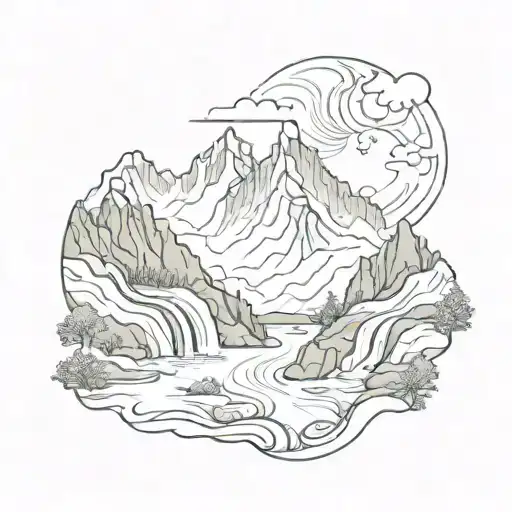 mountain range with a winding river flowing tattoo design idea