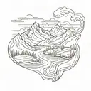 mountain range with a winding river flowing blood  tattoo design idea