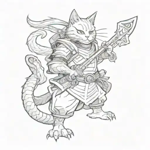 Japanese cyberpunk samurai cat standing in full height with a sword on his shoulder and a flying dragon around his body tattoo design idea