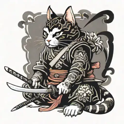 Life-size samurai cat with two swords tattoo design idea