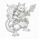 Japanese cyberpunk samurai cat standing in full height with a sword on his shoulder and a flying dragon around his body tattoo design idea