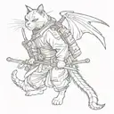 Japanese cyberpunk samurai cat standing in full height with a sword on his shoulder and a flying dragon around his body tattoo design idea