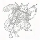 Japanese cyberpunk samurai cat standing in full height with a sword on his shoulder and a flying dragon around his body tattoo design idea