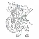 Japanese cyberpunk samurai cat standing in full height with a sword on his shoulder and a flying dragon around his body tattoo design idea