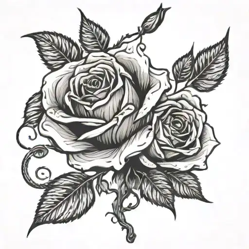 One rose with a long vertical thorny stem, connected to entangled thorny vines tattoo design idea
