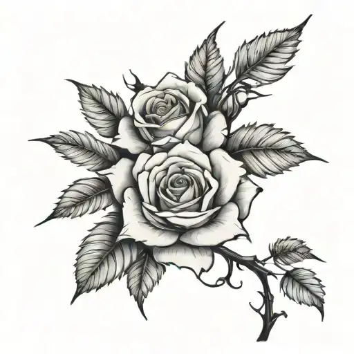 Large rose with a long thorny stem, connected to entangled thorny vines tattoo design idea