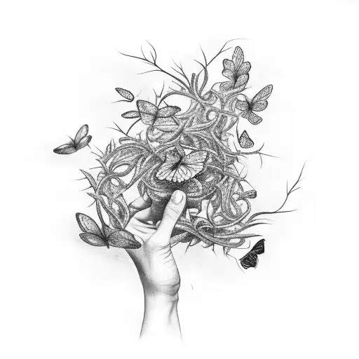someone's hand with thorny vines wrapped around the fingers and butterflies flying around  tattoo design idea