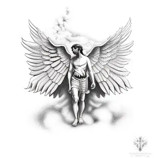 icarus with wings falling from back, black and white tattoo design idea