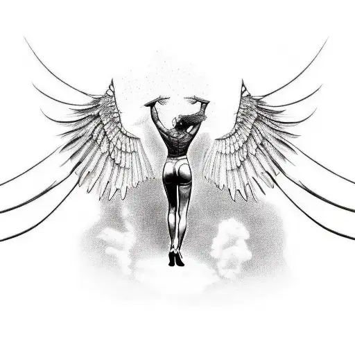icarus with wings falling from back behind, black and white tattoo design idea