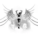 icarus with wings falling from back behind, black and white tattoo design idea