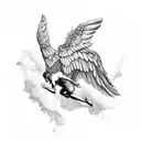 icarus with wings falling from back behind, black and white tattoo design idea