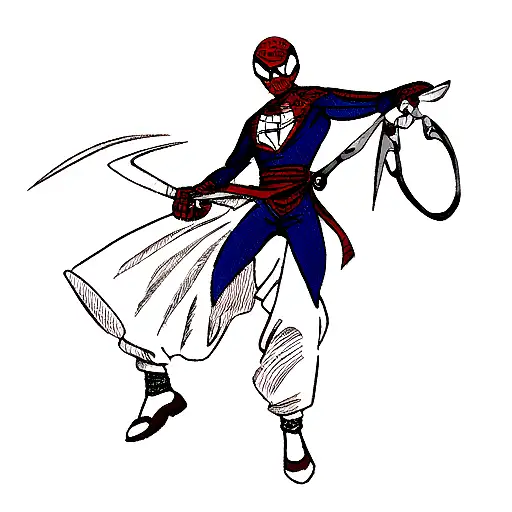 Spider-Man wearing a traditional barber's smock and holding a pair of scissors tattoo design idea