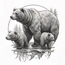 bear as a reflection with 2 cubs + tree tattoo design idea