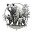 bear as a reflection with 2 cubs + tree tattoo design idea