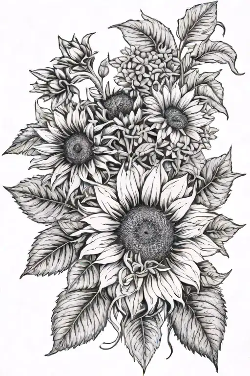Antler sunflower and wildflower fine line black and white on forearm tattoo design idea