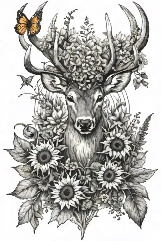 Deer antlers , sunflowers and wildflowers intertwined tattoo design idea