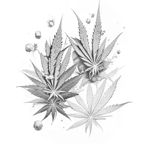 A mystical garden with fairies and cannabis leaves tattoo design idea