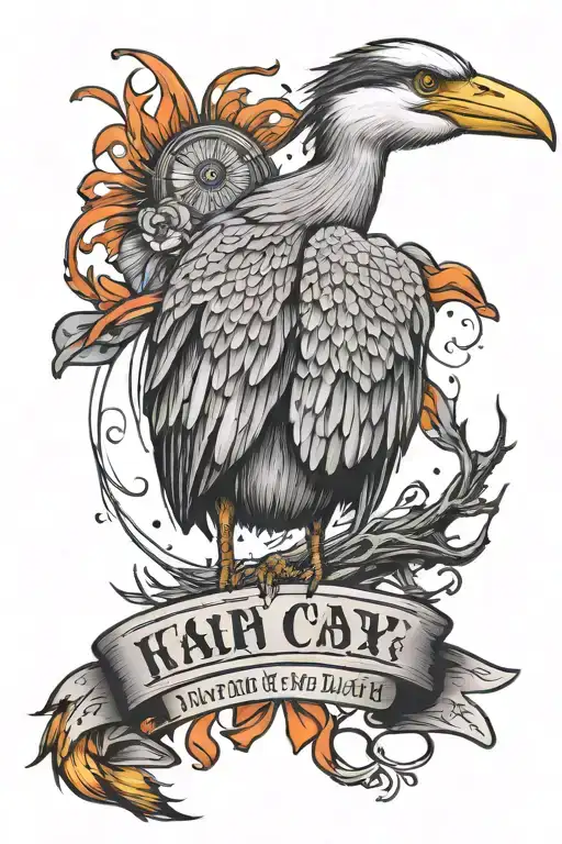 Tattoo of a wise heron on a background of a large Far Cry 3 knife, with a quote ribbon at the bottom  tattoo design idea