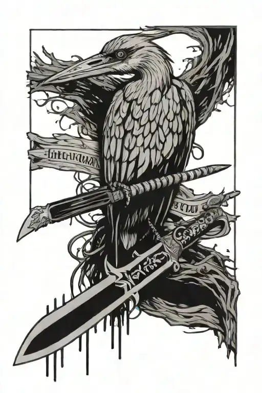 Tattoo of a wise heron on a background of a large Far Cry 3 knife, with a quote ribbon at the bottom  tattoo design idea