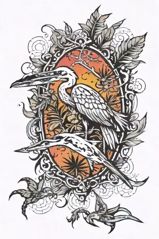 jungle on the background of a translucent ornament of a heron, a shark and a spider from the game Far Cry3, tattoo Far Cry 3, Retro style tattoo design idea