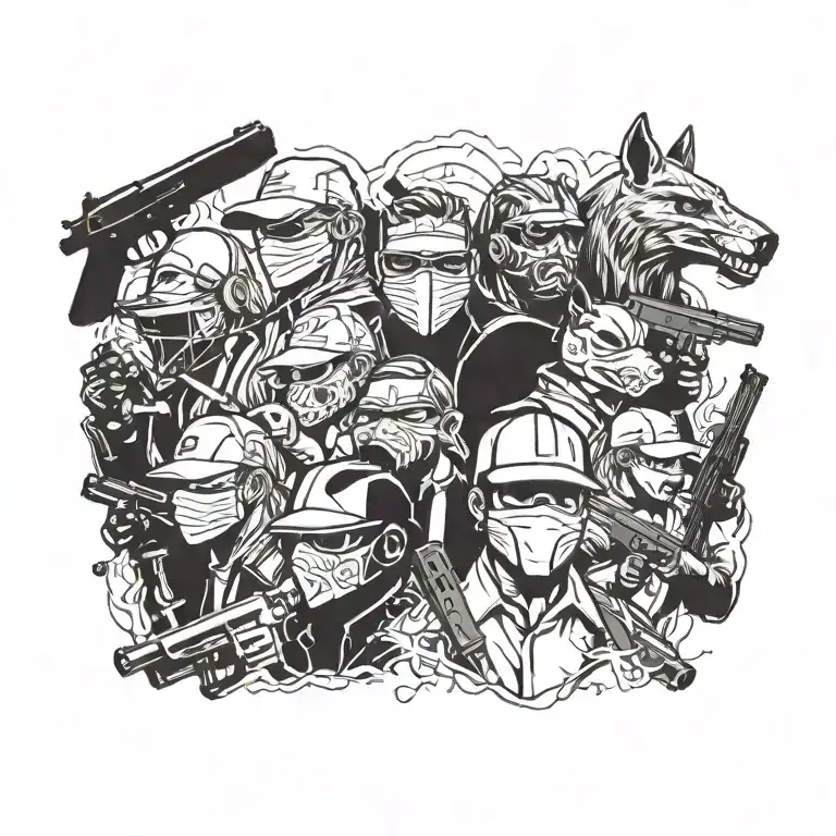 A collage of iconic imagery from Hotline Miami, including characters, weapons, and masks, all intertwined with a blackwork background tattoo design idea