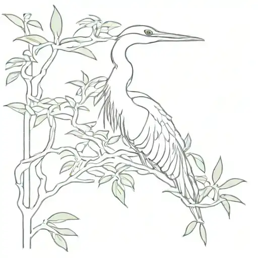 A minimalist design of a heron flying over a lush jungle canopy tattoo design idea