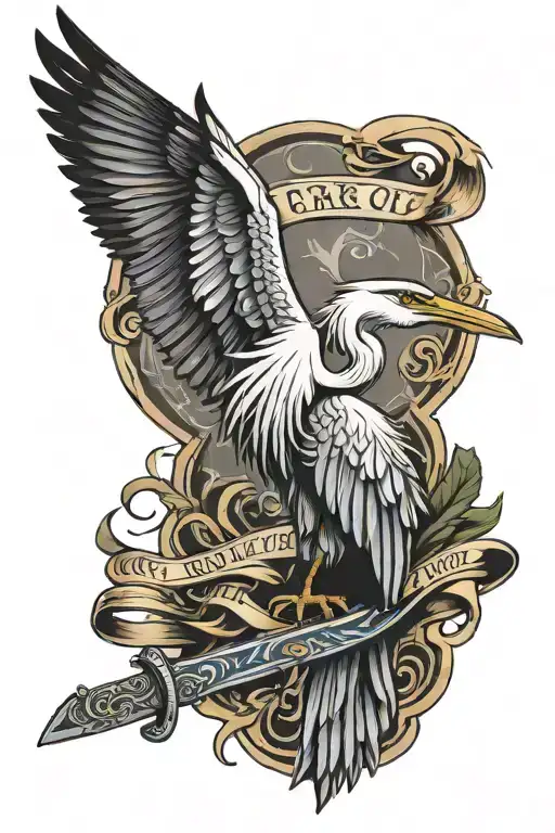 Tattoo of a wise heron on a background of a large Far Cry 3 knife, with a quote ribbon at the bottom  tattoo design idea