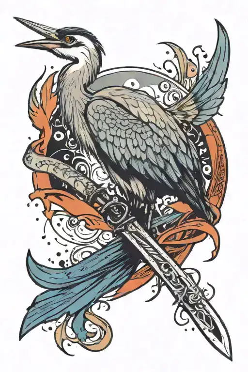 Tattoo of a wise heron on a background of a large Far Cry 3 knife, with a quote ribbon at the bottom  tattoo design idea