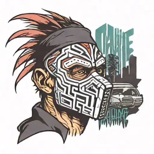 A stylized Charlie mask with a quote from Hotline Miami incorporated into the design tattoo design idea