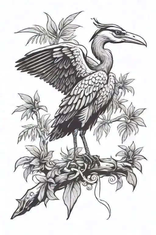 jungle on the background of the ornament of a wise heron from the game Far Cry3, tattoo Far Cry 3, Retro style tattoo design idea