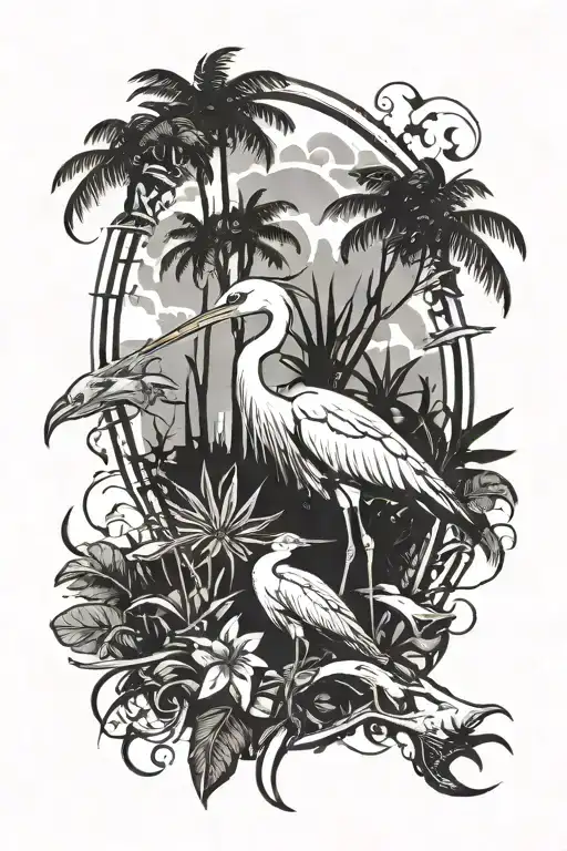 jungle on the background of a translucent ornament of a heron, sharks and spiders from the game Far Cry3, tattoo Far Cry 3, Retro style tattoo design idea