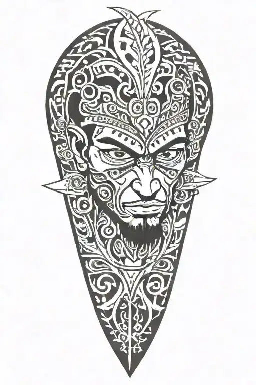 Tribal design incorporating elements from Far Cry 3, such as the Vaas Montenegro character and a vintage rak'yaat knife, in a blackwork style tattoo design idea