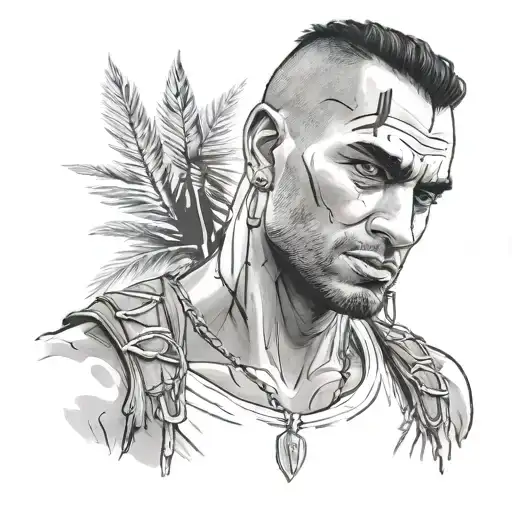 Black and grey realistic portrait of Vaas Montenegro, one of the most memorable characters from Far Cry 3 tattoo design idea