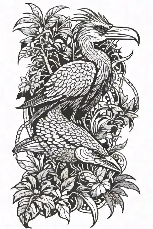 jungle on the background of the ornament of a wise heron, a strong shark and a waiting spider from the game Far Cry 3, Far Cry 3 tattoo, Retro style tattoo design idea
