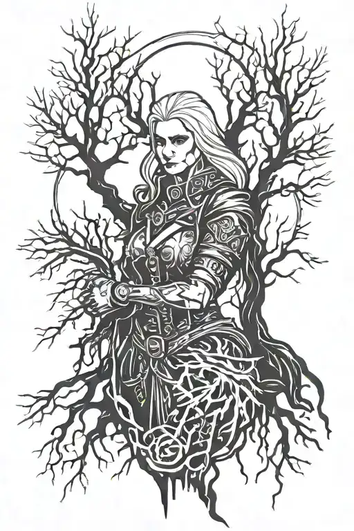 Bruxa from the game the witcher, In a dark gothic style among bare trees tattoo design idea