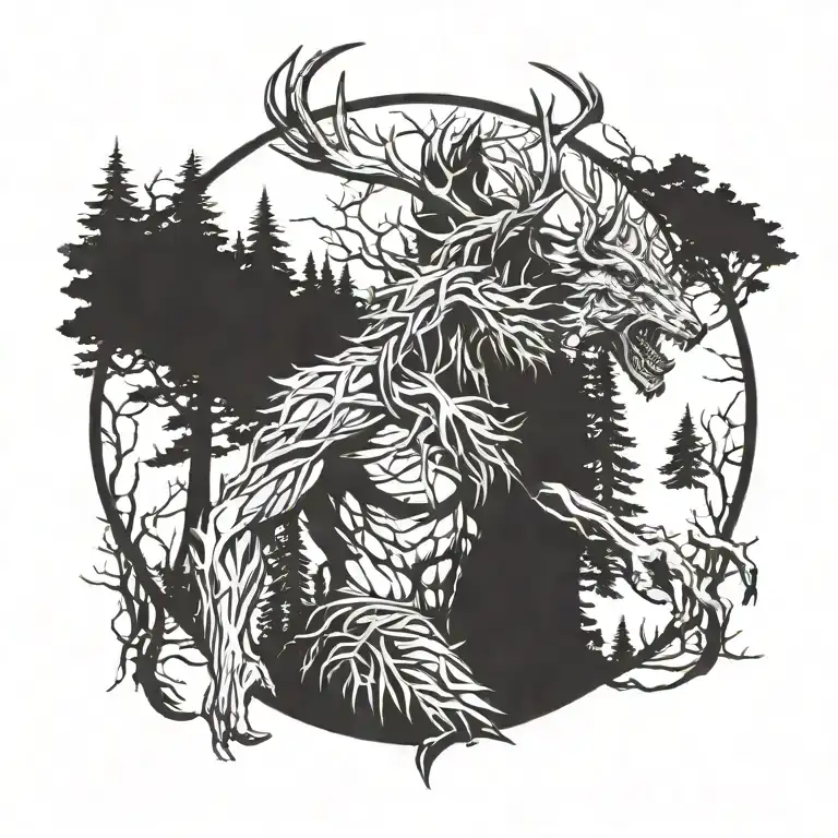 A tattoo of the monster Leshen from The Witcher 3 emerging from a dark forest tattoo design idea