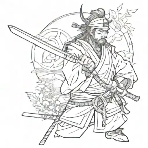 A sketch design of a samurai inspired by Miyamoto Musashi, incorporating elements from Hotline Miami tattoo design idea
