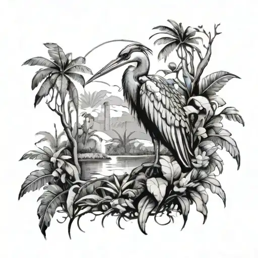 Incorporate elements of a long tattoo, a heron, and an antique knife into a jungle-themed tattoo inspired by Far Cry 3 tattoo design idea