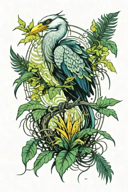 jungle on the background of a translucent heron ornament from the game tattoo design idea