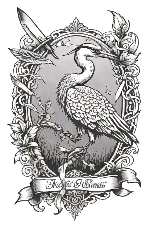 Tattoo of a wise heron on a background of a large Far Cry 3 knife, with a quote ribbon at the bottom  tattoo design idea