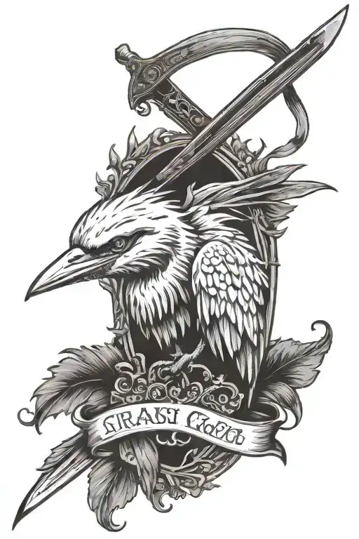 Tattoo of a wise heron on a background of a large Far Cry 3 knife, with a quote ribbon at the bottom  tattoo design idea