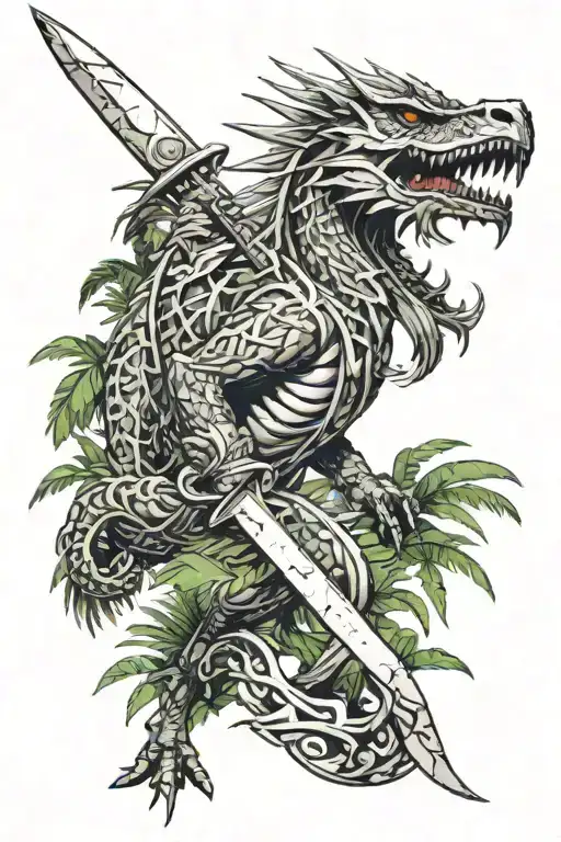 knife silver dragon Far Cry 3, jungle from the game Far cry 3 on the background of a translucent heron from the game Far Cry 3 tattoo design idea