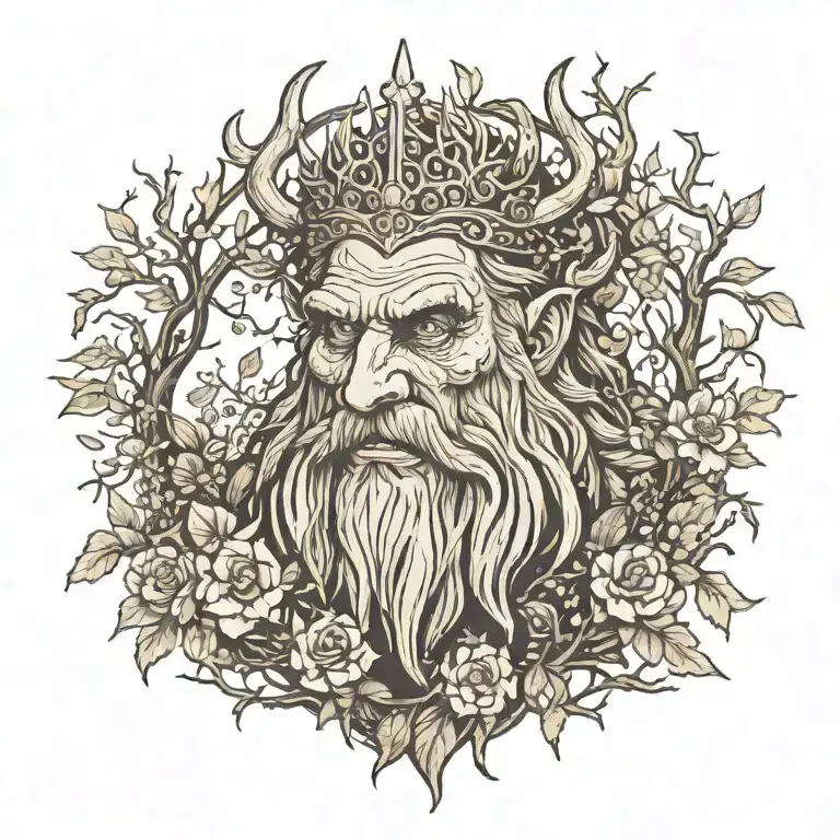 Tattoo of the Leshy monster in a crown from The Witcher 3, walking through a dark forest. Around the web are flowers and branches tattoo design idea