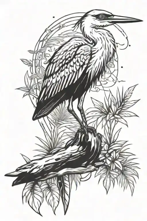 Tattoo of a wise heron on the background of a Far Cry 3 native knife, All outlines in the jungle tattoo design idea