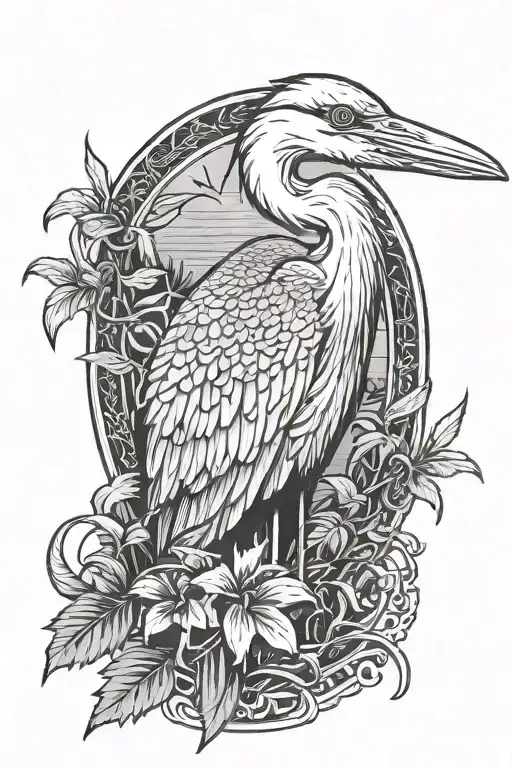 A long tattoo featuring a majestic heron perched on an antique knife, set against a jungle background tattoo design idea