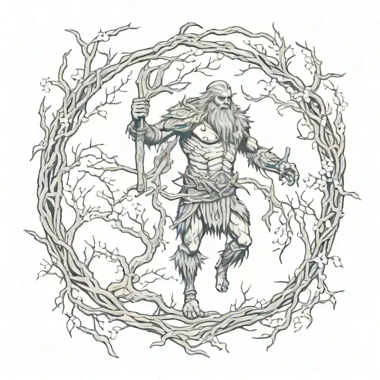 Tattoo of the Leshy monster from The Witcher 3 walking through a dark forest. Flowers and branches around the web tattoo design idea