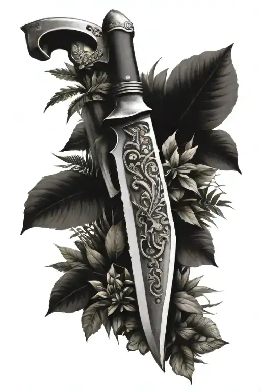 A vintage antique knife surrounded by lush jungle foliage on a long tattoo tattoo design idea