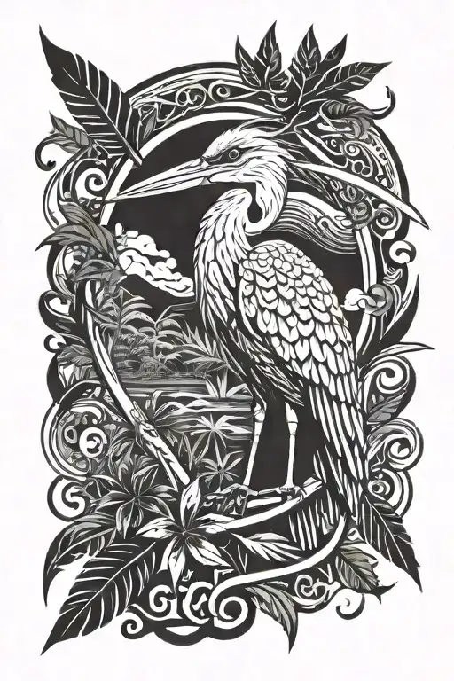 Tattoo of a wise heron on the background of Far Cry 3's indigenous knife, Around the Jungle tattoo design idea